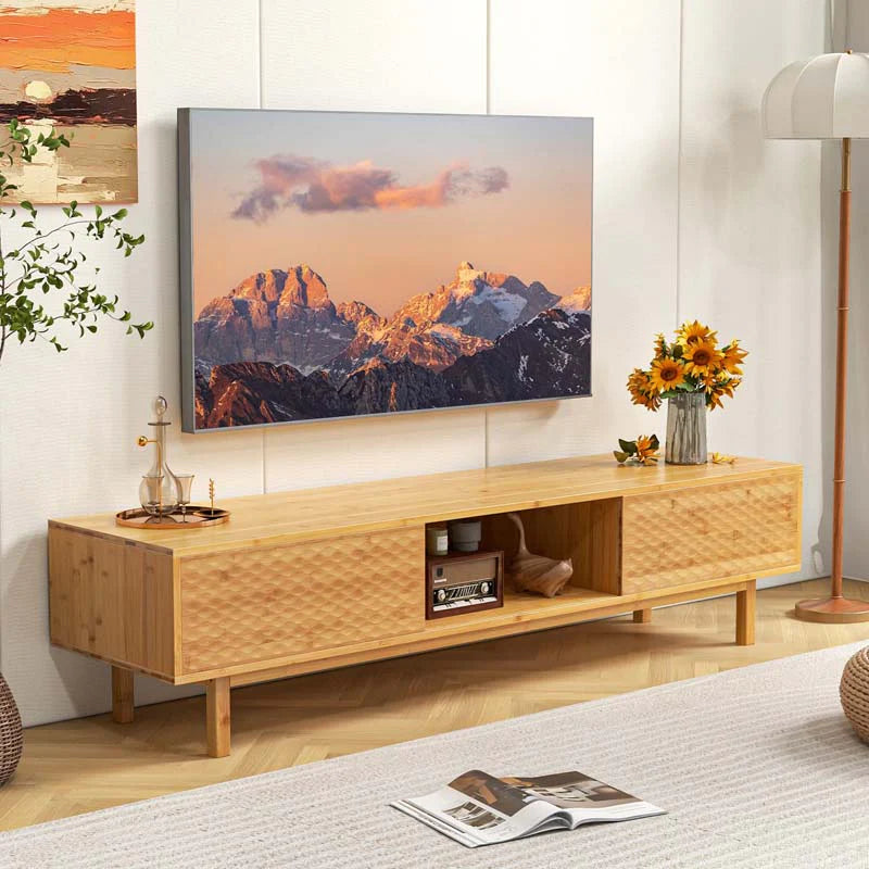 63" Bamboo TV Stand for Up to 70" TVs, Mid Century Modern Entertainment Center Media Console with Sliding Doors & 3 Storage Cubbies for Living Room