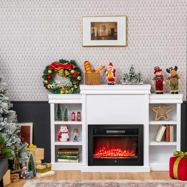 70" Fireplace Mantel TV Stand with Storage Shelves, Freestanding Wood Media Console for 28.5" Fireplace Insert, Living Room & Bedroom