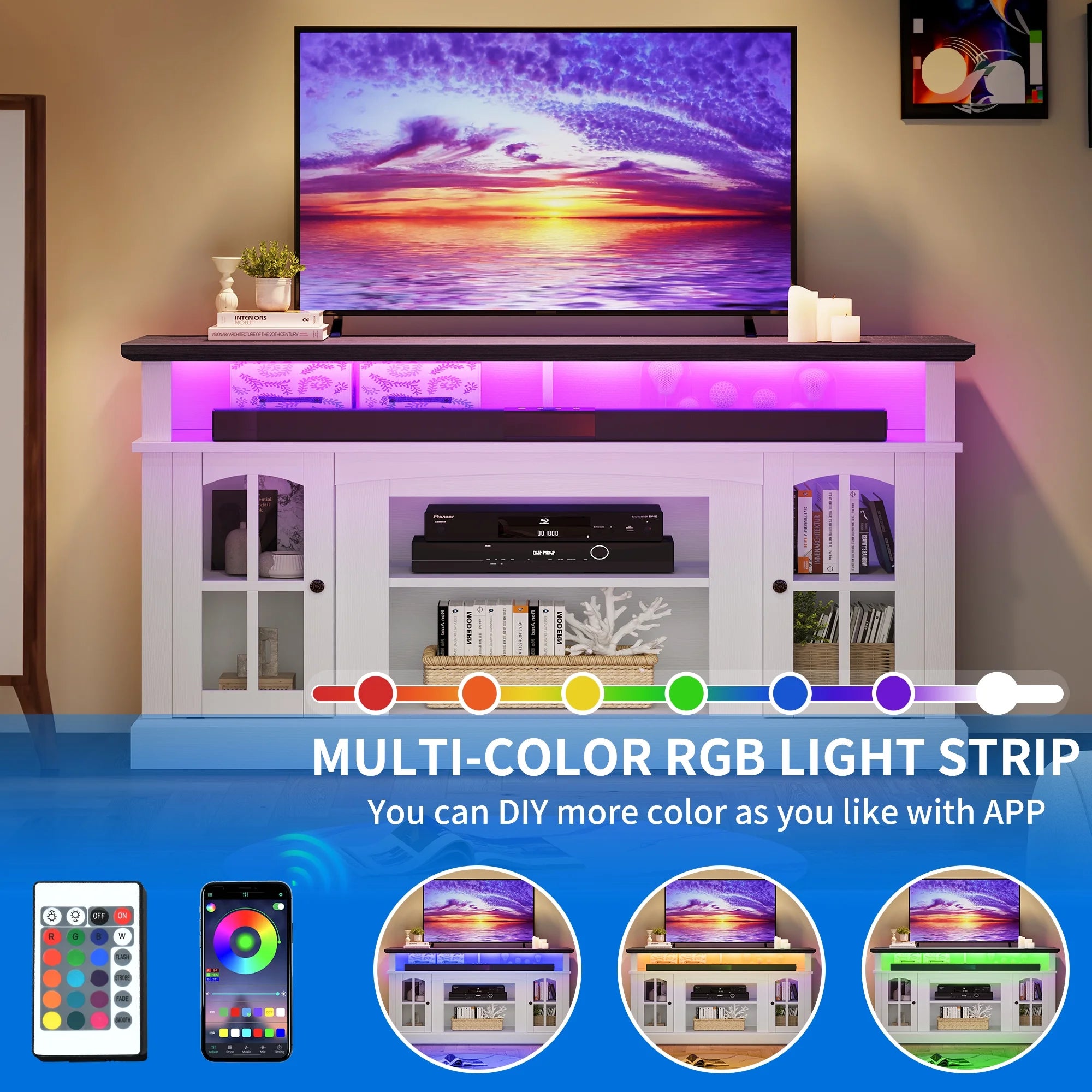 Dextrus Farmhouse LED TV Stand for Tvs up to 65'', Wood TV Media Console Entertainment Center for Living Room, White