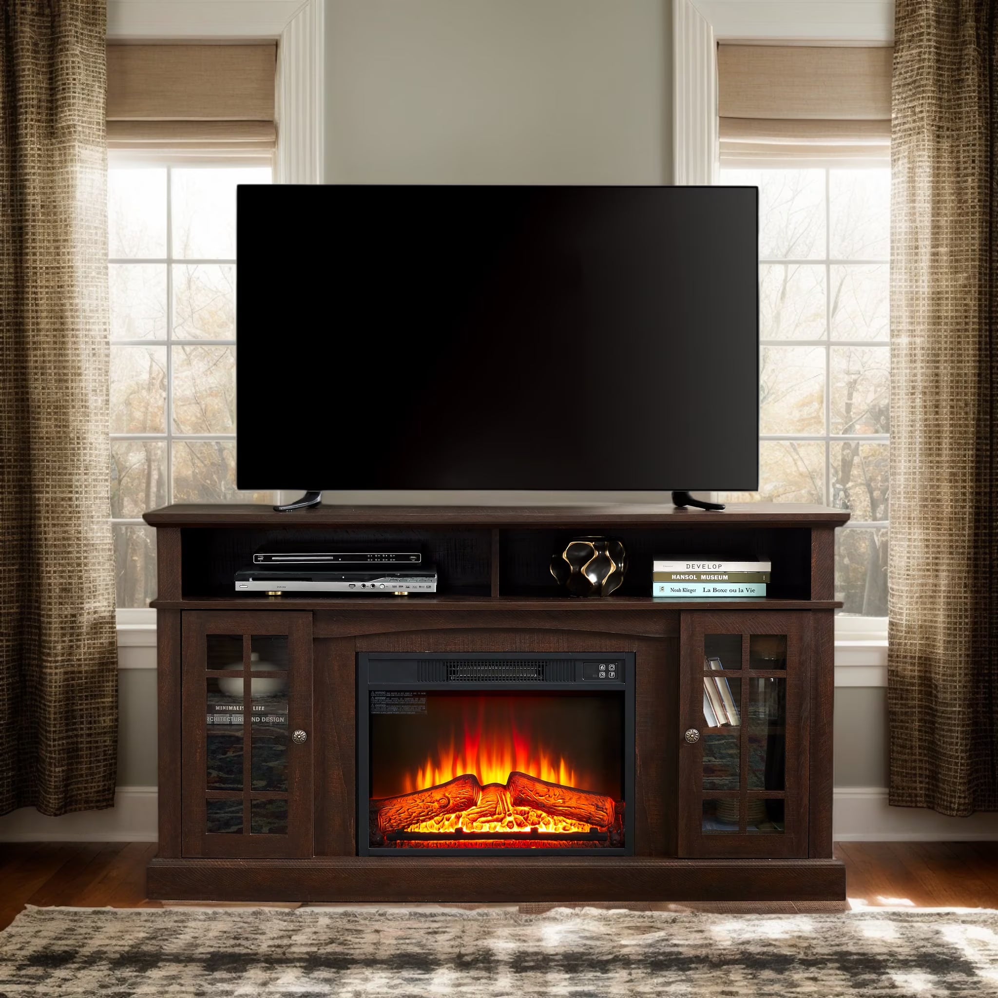 Sesslife Electric Fireplace TV Stand with Remote Control for 65 in TV, Farmhouse TV Console Table with Open Storage Shelves & 2 Cabinets, Wooden Media Entertainment Center for Living Room, Gray