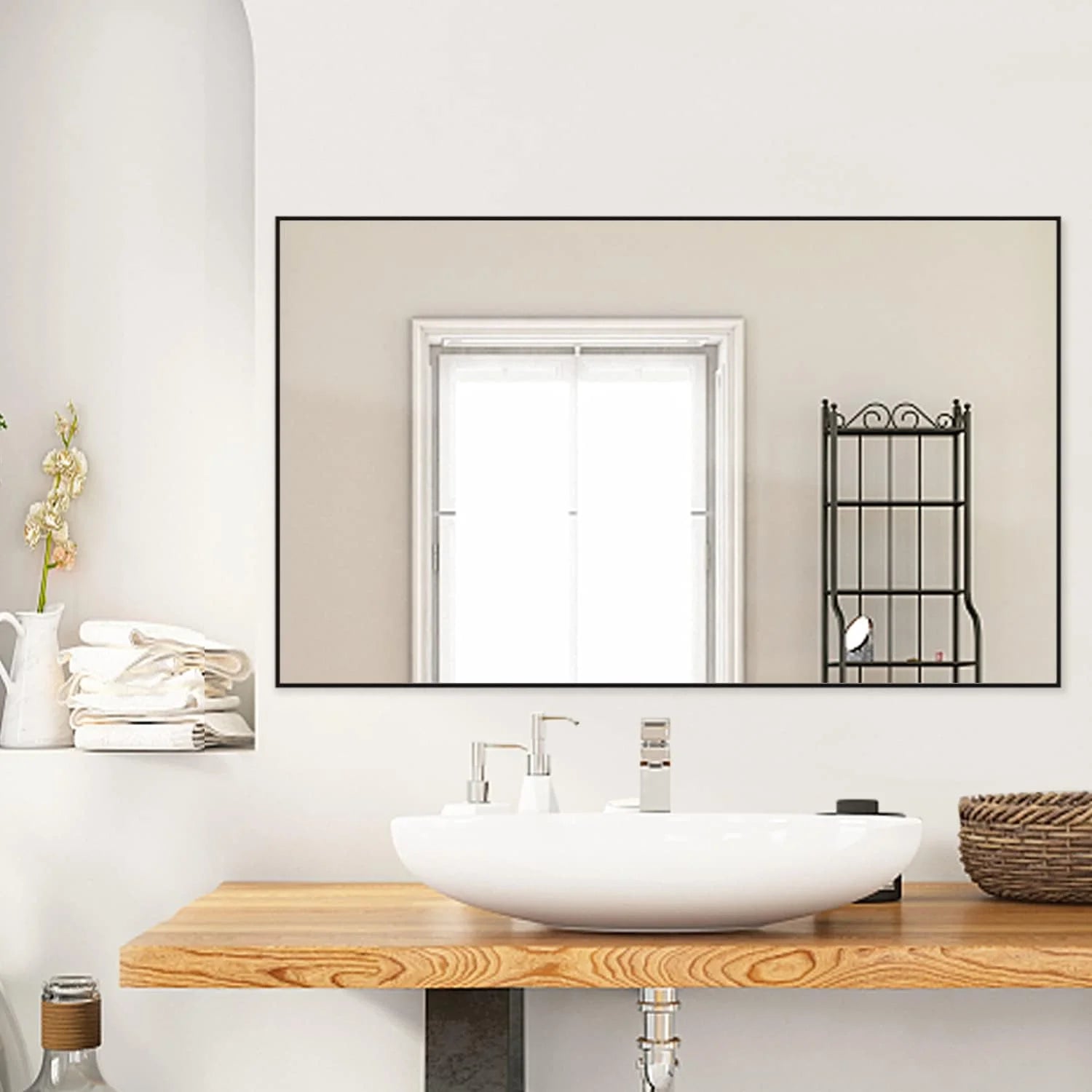 H - A Black&Gold Framed Rectangle Bathroom Mirrors for Wall, Wall Mounted Vintage Mirror Vertical or Horizontal Hanging for Living Room, Bedroom (40''X24''Vintage)