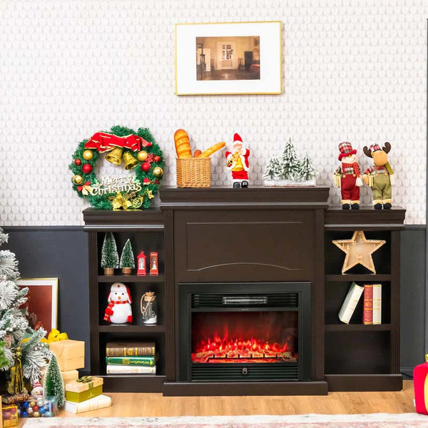 70" Fireplace Mantel TV Stand with Storage Shelves, Freestanding Wood Media Console for 28.5" Fireplace Insert, Living Room & Bedroom