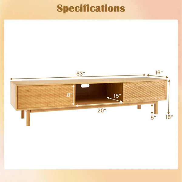 63" Bamboo TV Stand for Up to 70" TVs, Mid Century Modern Entertainment Center Media Console with Sliding Doors & 3 Storage Cubbies for Living Room