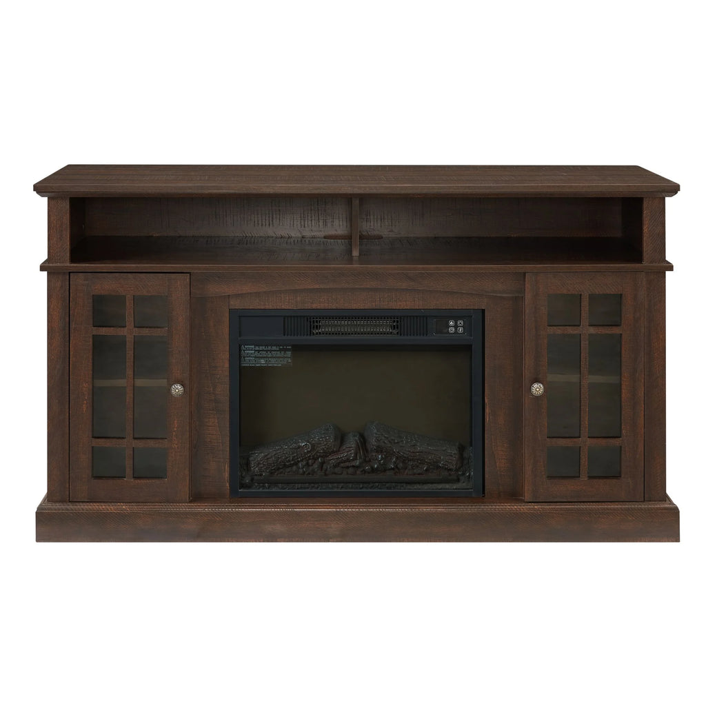 Sesslife Electric Fireplace TV Stand with Remote Control for 65 in TV, Farmhouse TV Console Table with Open Storage Shelves & 2 Cabinets, Wooden Media Entertainment Center for Living Room, Gray