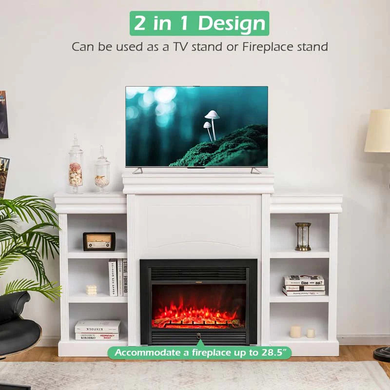 70" Fireplace Mantel TV Stand with Storage Shelves, Freestanding Wood Media Console for 28.5" Fireplace Insert, Living Room & Bedroom