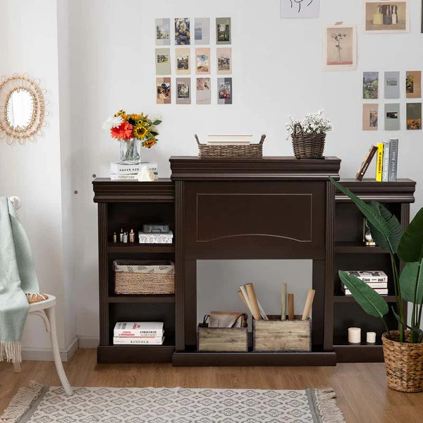 70" Fireplace Mantel TV Stand with Storage Shelves, Freestanding Wood Media Console for 28.5" Fireplace Insert, Living Room & Bedroom