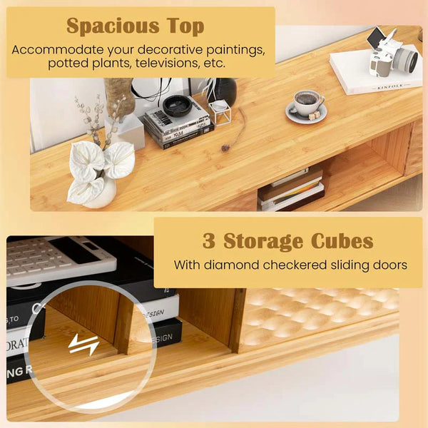 63" Bamboo TV Stand for Up to 70" TVs, Mid Century Modern Entertainment Center Media Console with Sliding Doors & 3 Storage Cubbies for Living Room