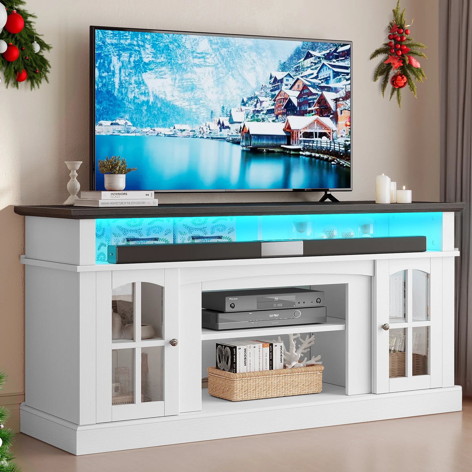 Dextrus Farmhouse LED TV Stand for Tvs up to 65'', Wood TV Media Console Entertainment Center for Living Room, White Secondary image