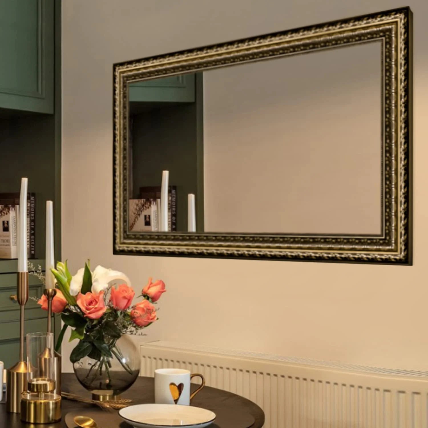 H - A Black&Gold Framed Rectangle Bathroom Mirrors for Wall, Wall Mounted Vintage Mirror Vertical or Horizontal Hanging for Living Room, Bedroom (40''X24''Vintage)