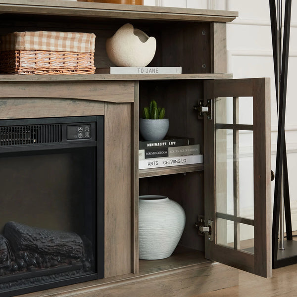Sesslife Electric Fireplace TV Stand with Remote Control for 65 in TV, Farmhouse TV Console Table with Open Storage Shelves & 2 Cabinets, Wooden Media Entertainment Center for Living Room, Gray