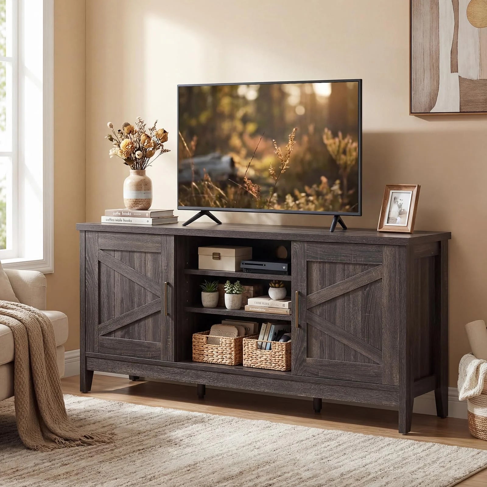 Tangkula Farmhouse TV Stand for TVs up to 65 Inch Entertainment Center with 2 Storage Cabinets Main image