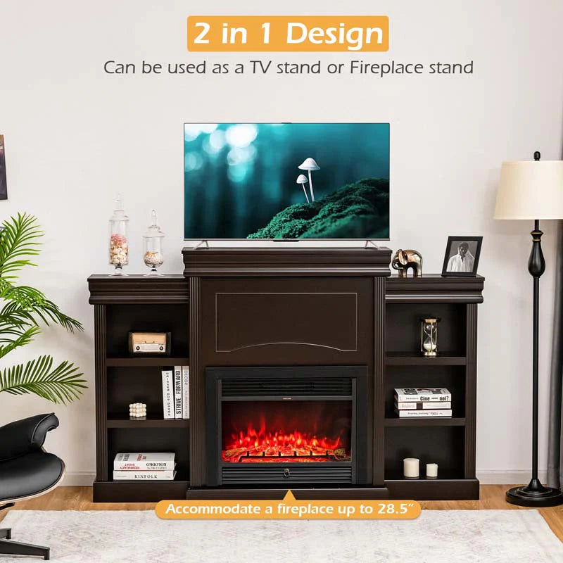 70" Fireplace Mantel TV Stand with Storage Shelves, Freestanding Wood Media Console for 28.5" Fireplace Insert, Living Room & Bedroom