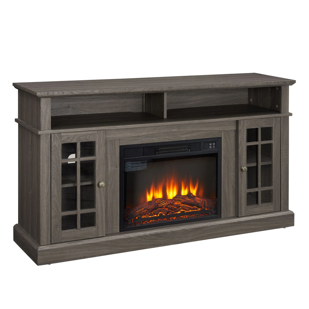 Sesslife Electric Fireplace TV Stand with Remote Control for 65 in TV, Farmhouse TV Console Table with Open Storage Shelves & 2 Cabinets, Wooden Media Entertainment Center for Living Room, Gray