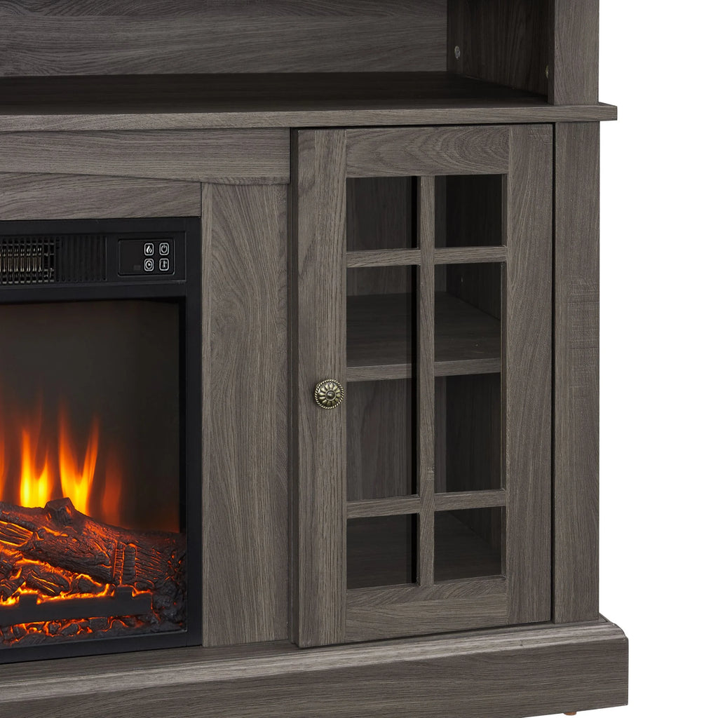 Sesslife Electric Fireplace TV Stand with Remote Control for 65 in TV, Farmhouse TV Console Table with Open Storage Shelves & 2 Cabinets, Wooden Media Entertainment Center for Living Room, Gray