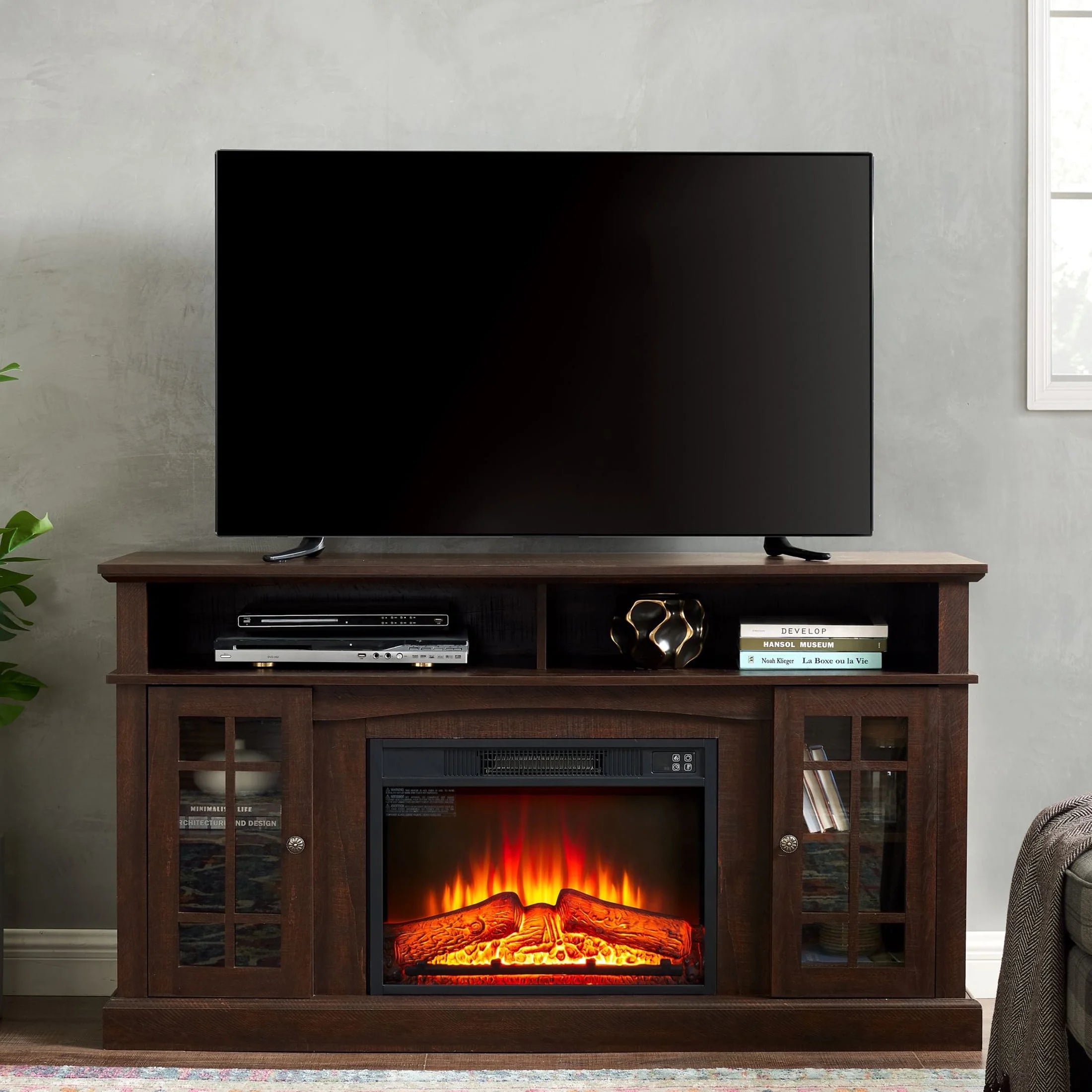 Sesslife Electric Fireplace TV Stand with Remote Control for 65 in TV, Farmhouse TV Console Table with Open Storage Shelves & 2 Cabinets, Wooden Media Entertainment Center for Living Room, Gray