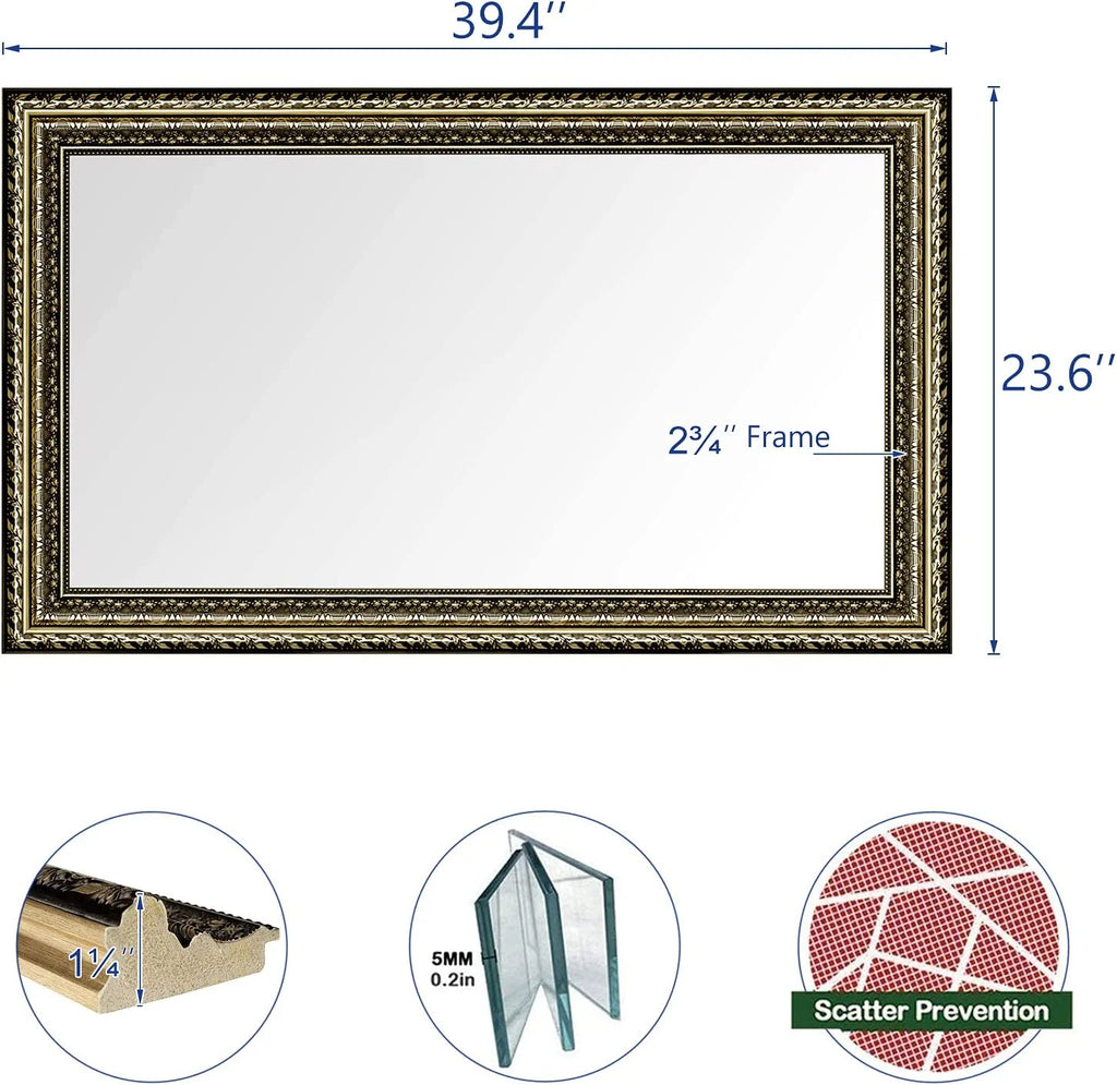 H - A Black&Gold Framed Rectangle Bathroom Mirrors for Wall, Wall Mounted Vintage Mirror Vertical or Horizontal Hanging for Living Room, Bedroom (40''X24''Vintage)