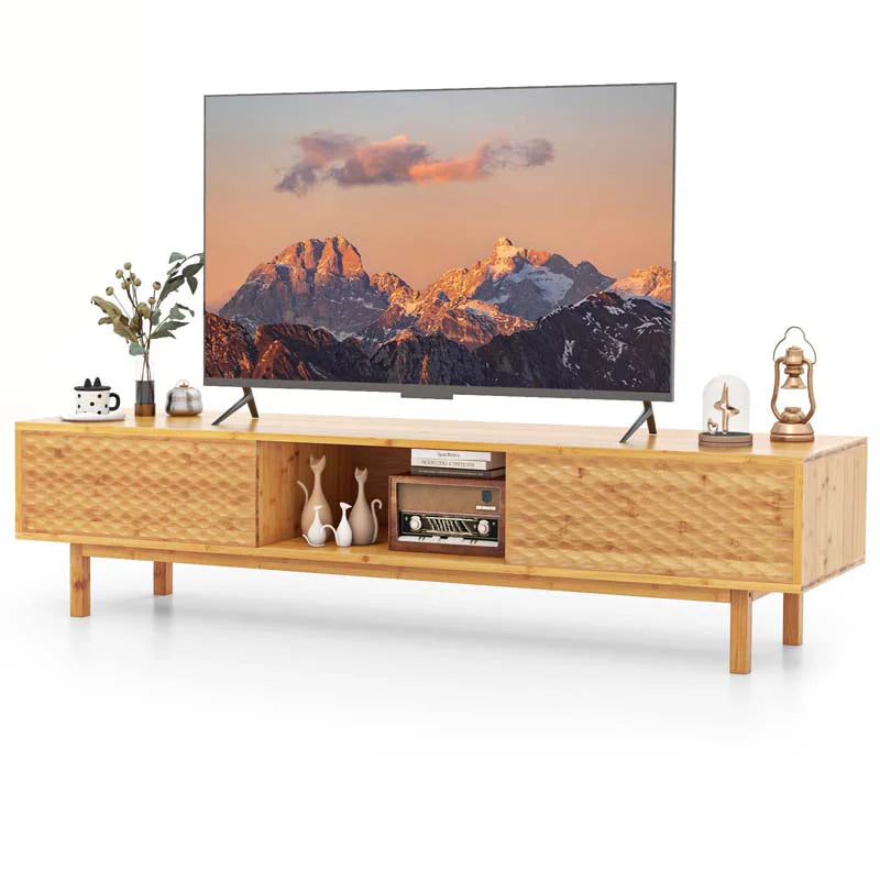 63" Bamboo TV Stand for Up to 70" TVs, Mid Century Modern Entertainment Center Media Console with Sliding Doors & 3 Storage Cubbies for Living Room Main image