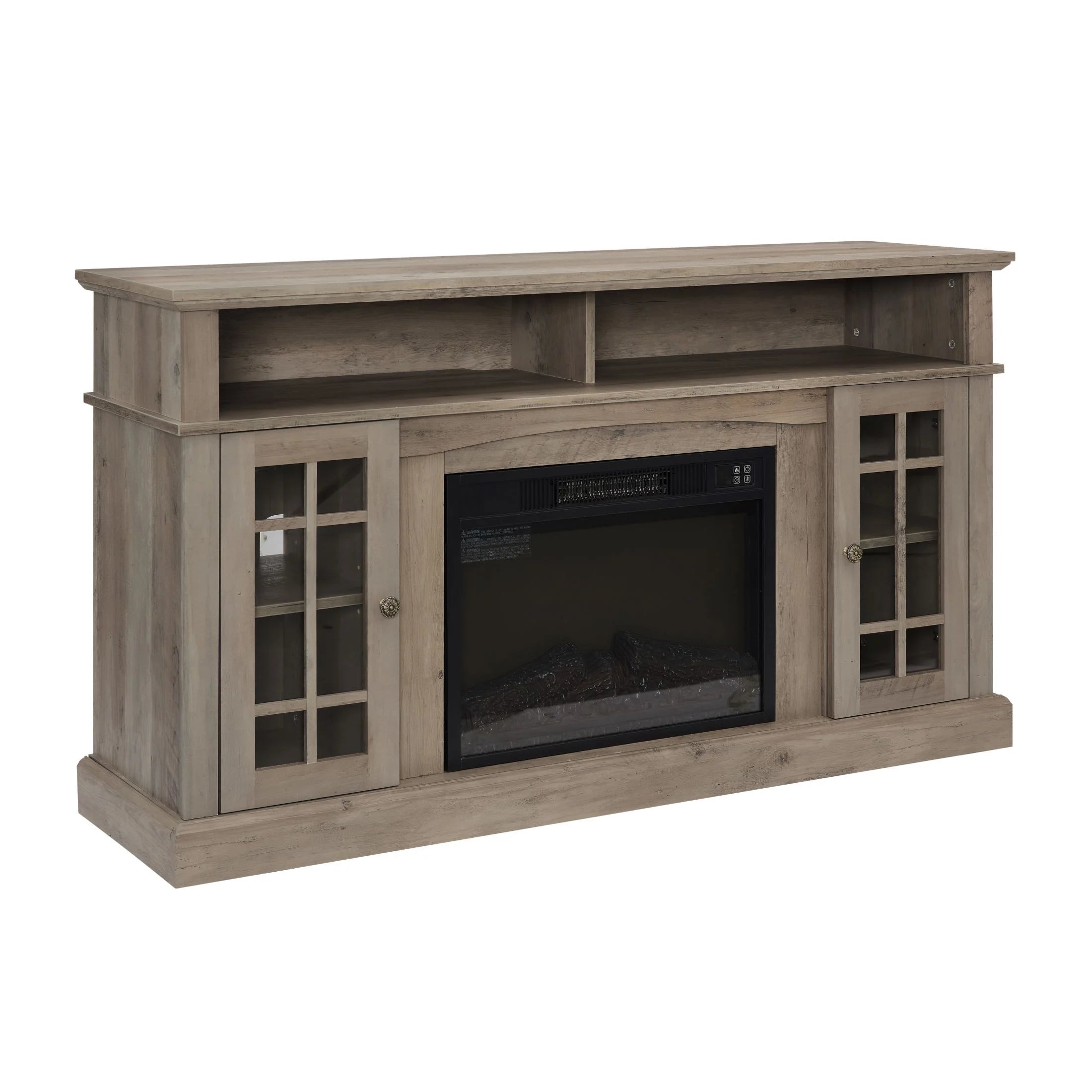 Sesslife Electric Fireplace TV Stand with Remote Control for 65 in TV, Farmhouse TV Console Table with Open Storage Shelves & 2 Cabinets, Wooden Media Entertainment Center for Living Room, Gray