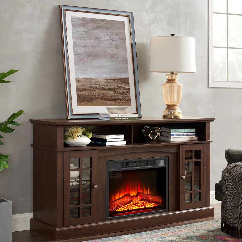 Sesslife Electric Fireplace TV Stand with Remote Control for 65 in TV, Farmhouse TV Console Table with Open Storage Shelves & 2 Cabinets, Wooden Media Entertainment Center for Living Room, Gray