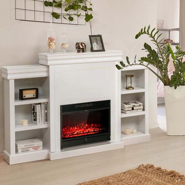 70" Fireplace Mantel TV Stand with Storage Shelves, Freestanding Wood Media Console for 28.5" Fireplace Insert, Living Room & Bedroom