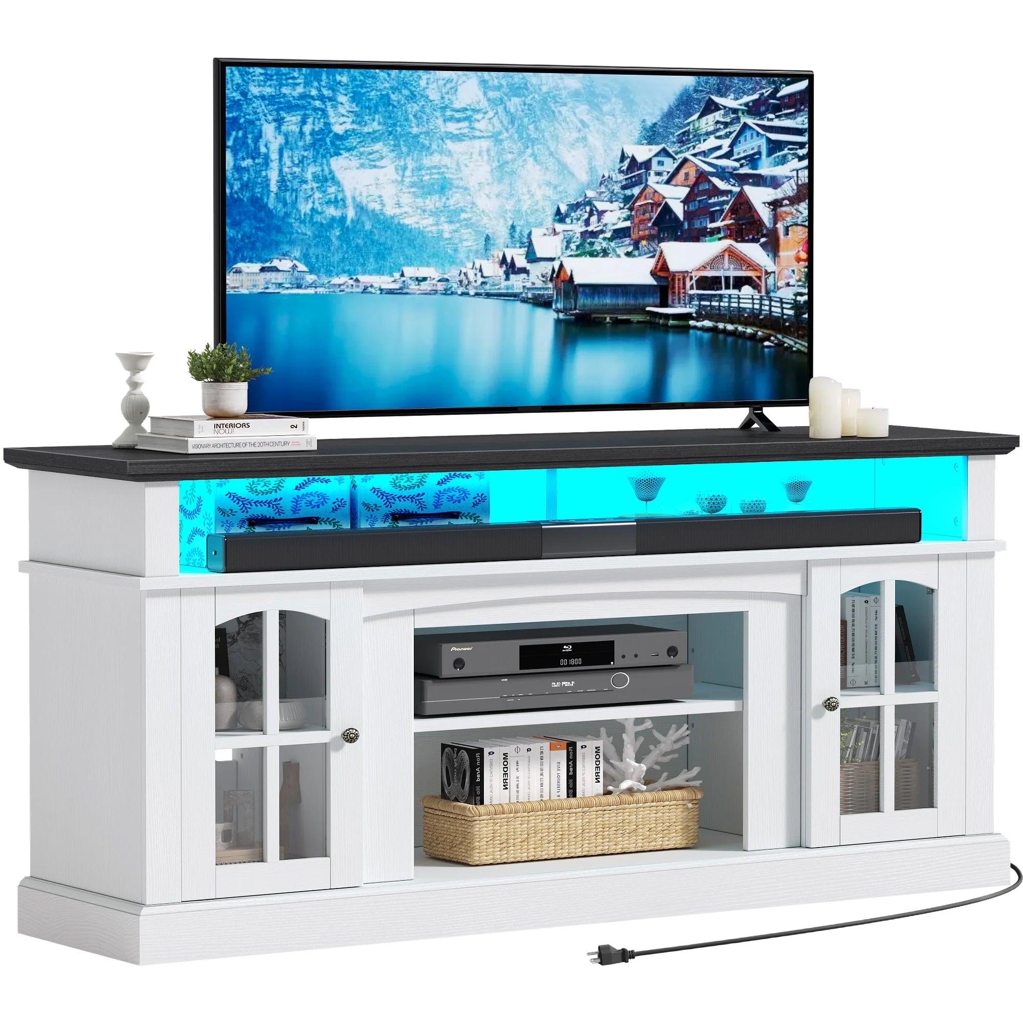Dextrus Farmhouse LED TV Stand for Tvs up to 65'', Wood TV Media Console Entertainment Center for Living Room, White