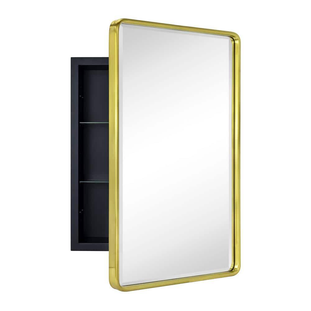 TEHOME Farmhouse 16 in. W x 24 in. H Recessed Rectangular Metal Framed Bathroom Medicine Cabinets with Mirror in Brushed Gold Main image