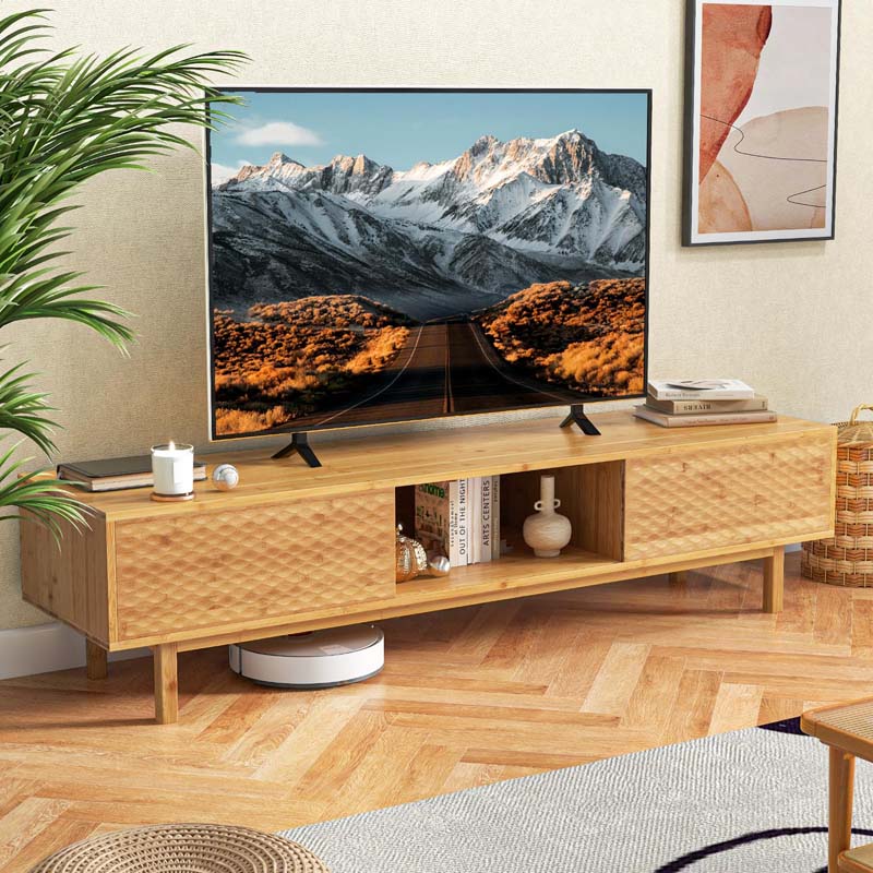 63" Bamboo TV Stand for Up to 70" TVs, Mid Century Modern Entertainment Center Media Console with Sliding Doors & 3 Storage Cubbies for Living Room Secondary image