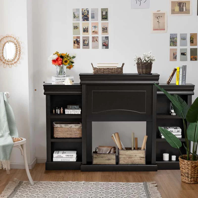 70" Fireplace Mantel TV Stand with Storage Shelves, Freestanding Wood Media Console for 28.5" Fireplace Insert, Living Room & Bedroom