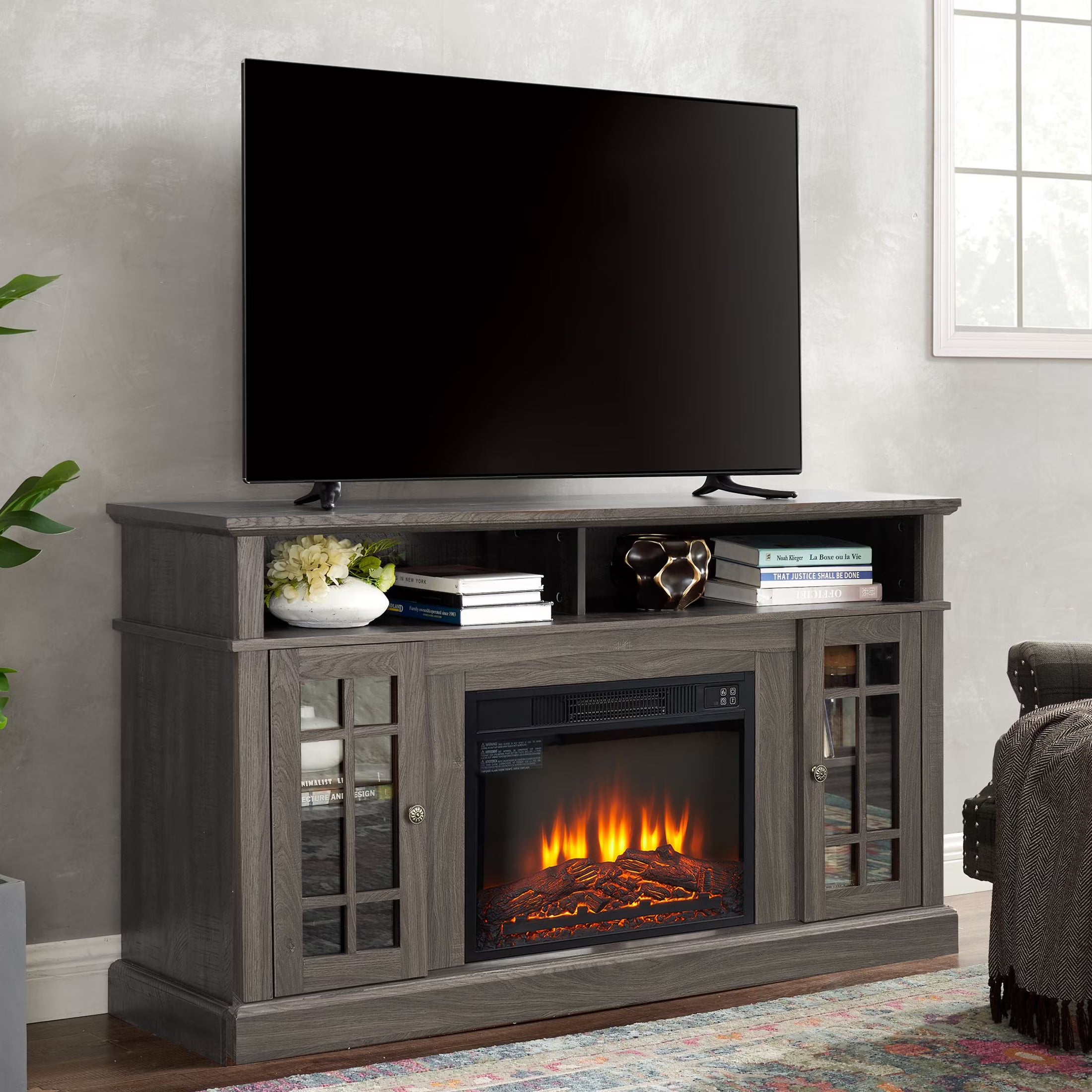 Sesslife Electric Fireplace TV Stand with Remote Control for 65 in TV, Farmhouse TV Console Table with Open Storage Shelves & 2 Cabinets, Wooden Media Entertainment Center for Living Room, Gray