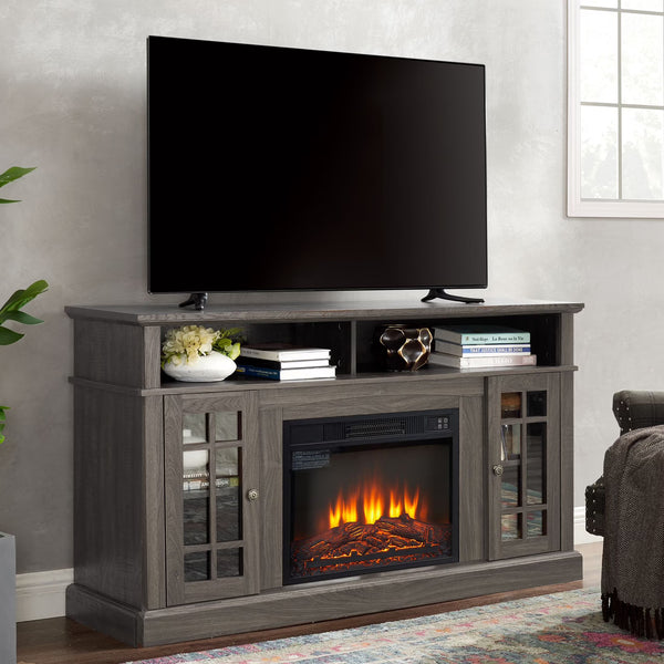 Sesslife Electric Fireplace TV Stand with Remote Control for 65 in TV, Farmhouse TV Console Table with Open Storage Shelves & 2 Cabinets, Wooden Media Entertainment Center for Living Room, Gray