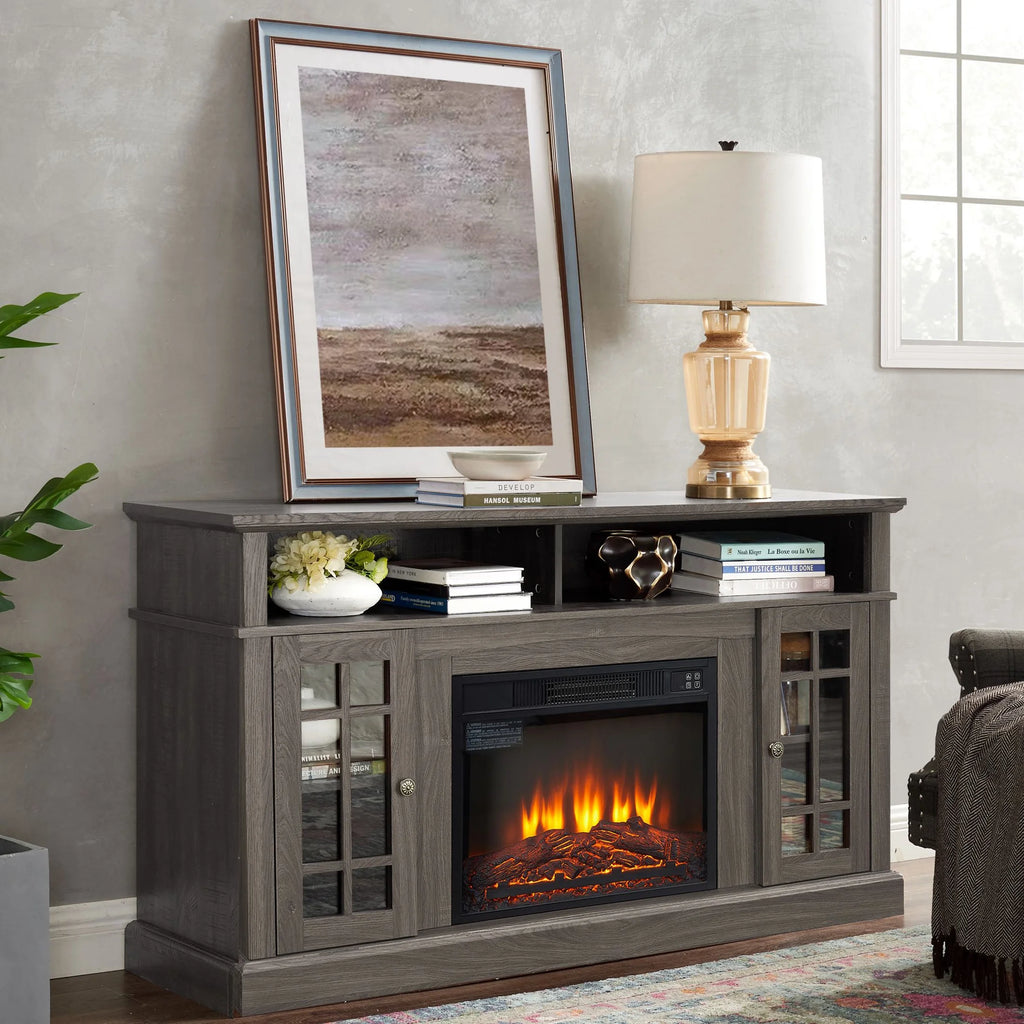 Sesslife Electric Fireplace TV Stand with Remote Control for 65 in TV, Farmhouse TV Console Table with Open Storage Shelves & 2 Cabinets, Wooden Media Entertainment Center for Living Room, Gray