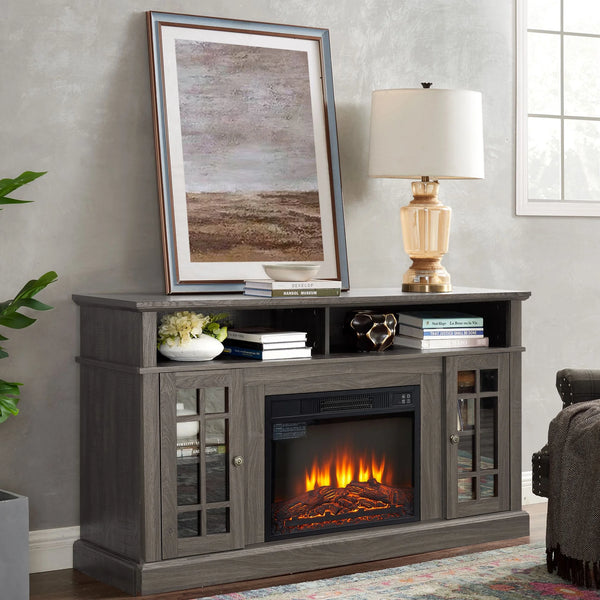 Sesslife Electric Fireplace TV Stand with Remote Control for 65 in TV, Farmhouse TV Console Table with Open Storage Shelves & 2 Cabinets, Wooden Media Entertainment Center for Living Room, Gray