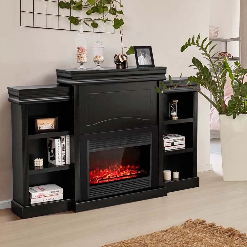 70" Fireplace Mantel TV Stand with Storage Shelves, Freestanding Wood Media Console for 28.5" Fireplace Insert, Living Room & Bedroom