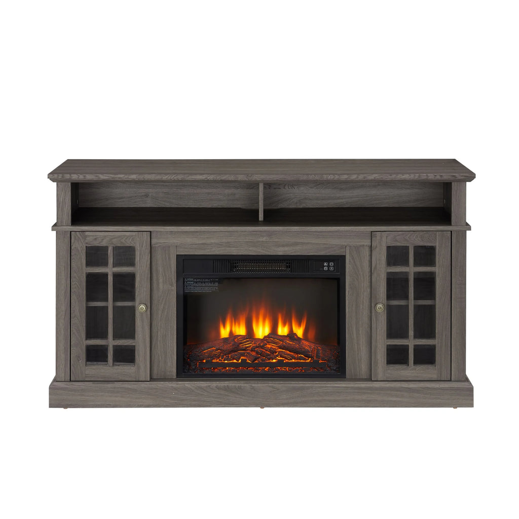 Sesslife Electric Fireplace TV Stand with Remote Control for 65 in TV, Farmhouse TV Console Table with Open Storage Shelves & 2 Cabinets, Wooden Media Entertainment Center for Living Room, Gray