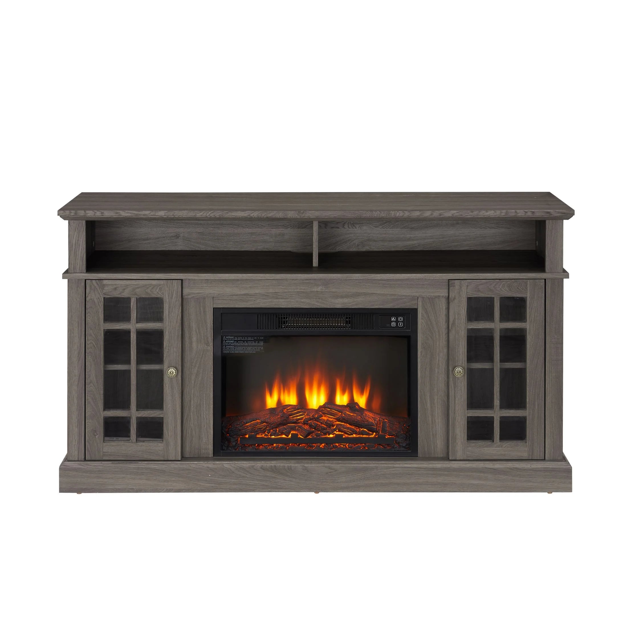 Sesslife Electric Fireplace TV Stand with Remote Control for 65 in TV, Farmhouse TV Console Table with Open Storage Shelves & 2 Cabinets, Wooden Media Entertainment Center for Living Room, Gray