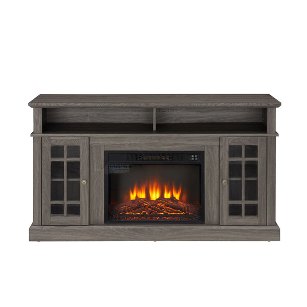 Sesslife Electric Fireplace TV Stand with Remote Control for 65 in TV, Farmhouse TV Console Table with Open Storage Shelves & 2 Cabinets, Wooden Media Entertainment Center for Living Room, Gray