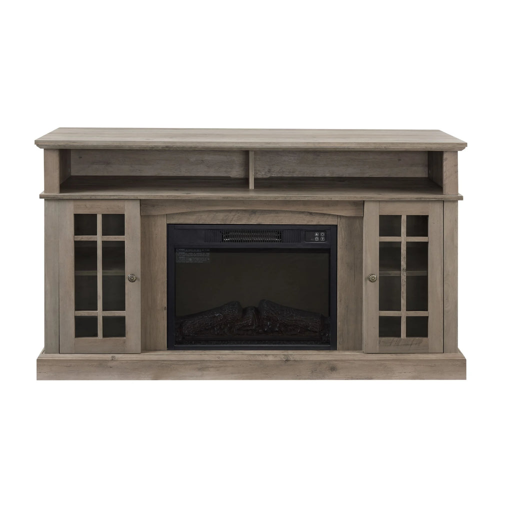 Sesslife Electric Fireplace TV Stand with Remote Control for 65 in TV, Farmhouse TV Console Table with Open Storage Shelves & 2 Cabinets, Wooden Media Entertainment Center for Living Room, Gray