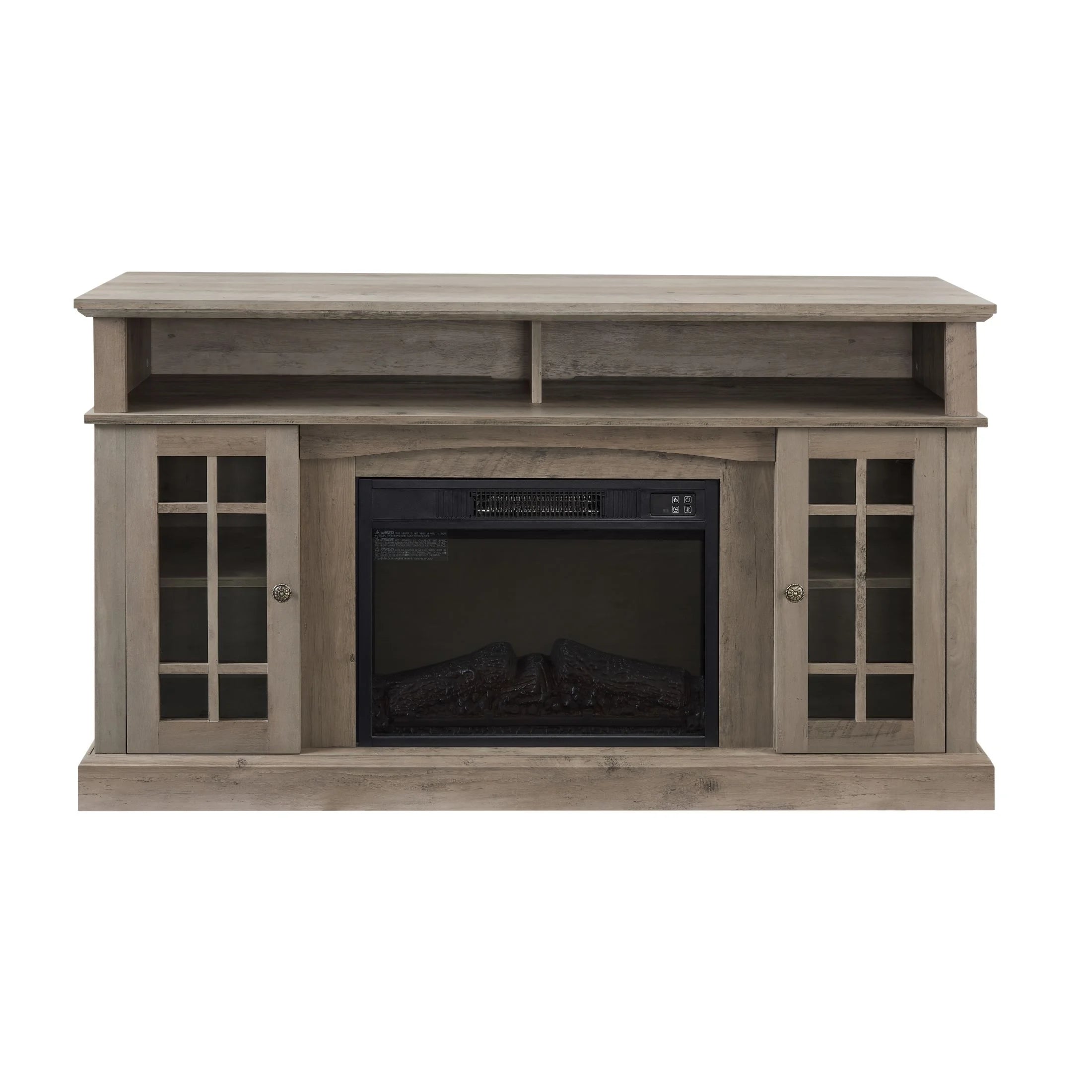 Sesslife Electric Fireplace TV Stand with Remote Control for 65 in TV, Farmhouse TV Console Table with Open Storage Shelves & 2 Cabinets, Wooden Media Entertainment Center for Living Room, Gray