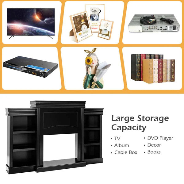 70" Fireplace Mantel TV Stand with Storage Shelves, Freestanding Wood Media Console for 28.5" Fireplace Insert, Living Room & Bedroom