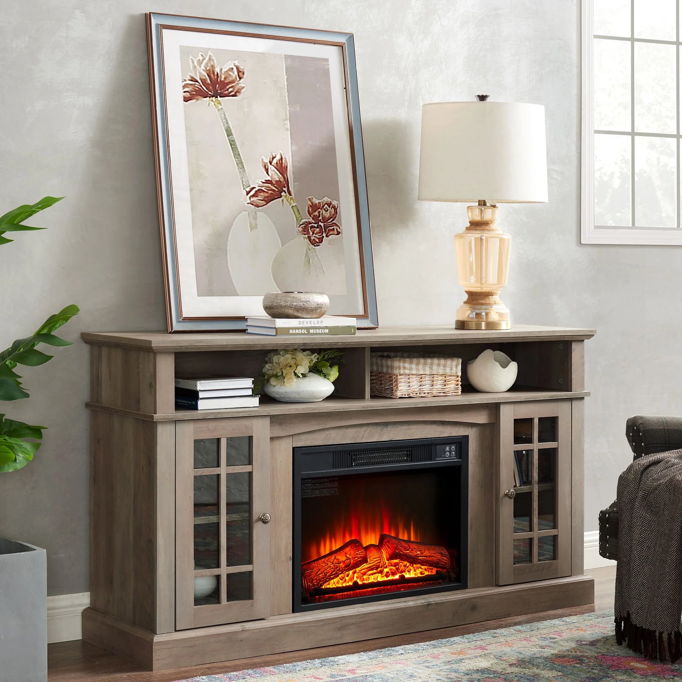 Sesslife Electric Fireplace TV Stand with Remote Control for 65 in TV, Farmhouse TV Console Table with Open Storage Shelves & 2 Cabinets, Wooden Media Entertainment Center for Living Room, Gray Secondary image